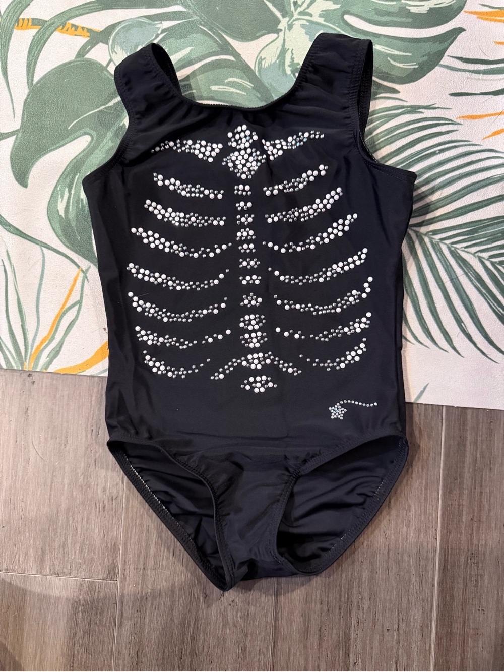 Girls' Black Rhinestone Skeleton One-Piece leotard
